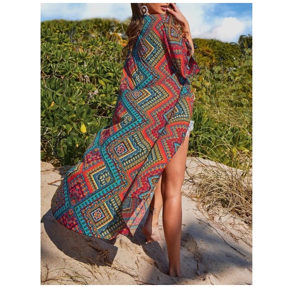 Boho Tribal Red Geometric Long Kimono 3/4 Sleeve - Picture 5 of 5